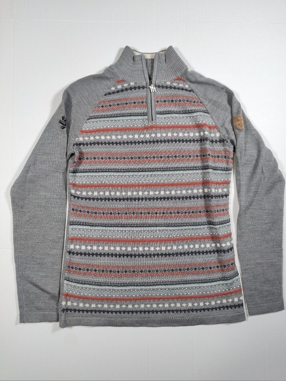 NWT Meister Women Light Gray Wool Nordic Fair Isle Quarter Zip Sweater Size M